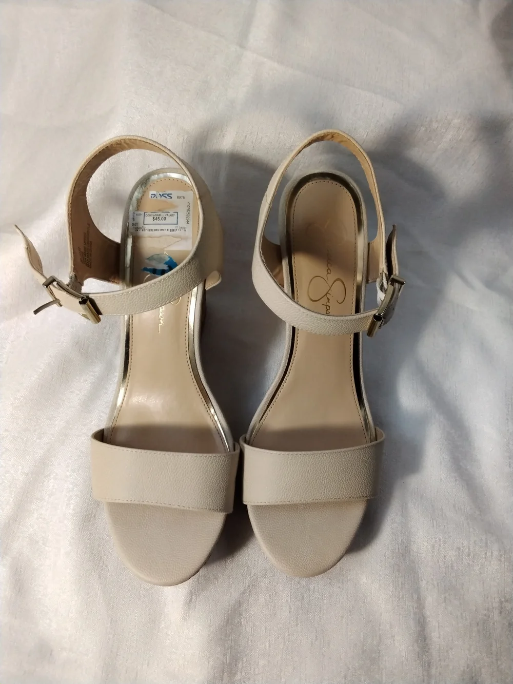 Jessica Simpson Cream Wedge Sandals with Cork-Style Wedge